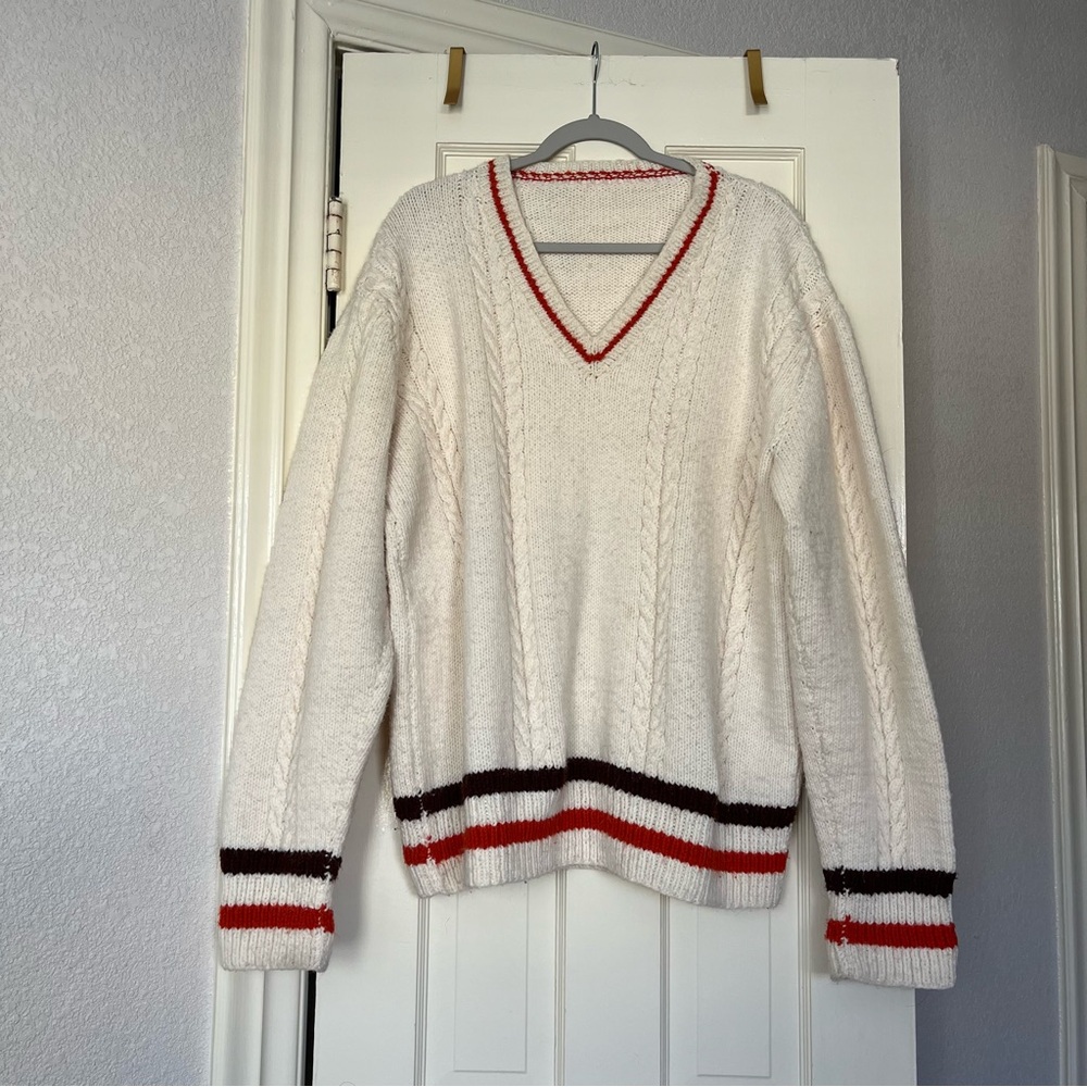 Vintage Varsity V-Neck Cable Knit Wool Sweater - White with Red and Brown